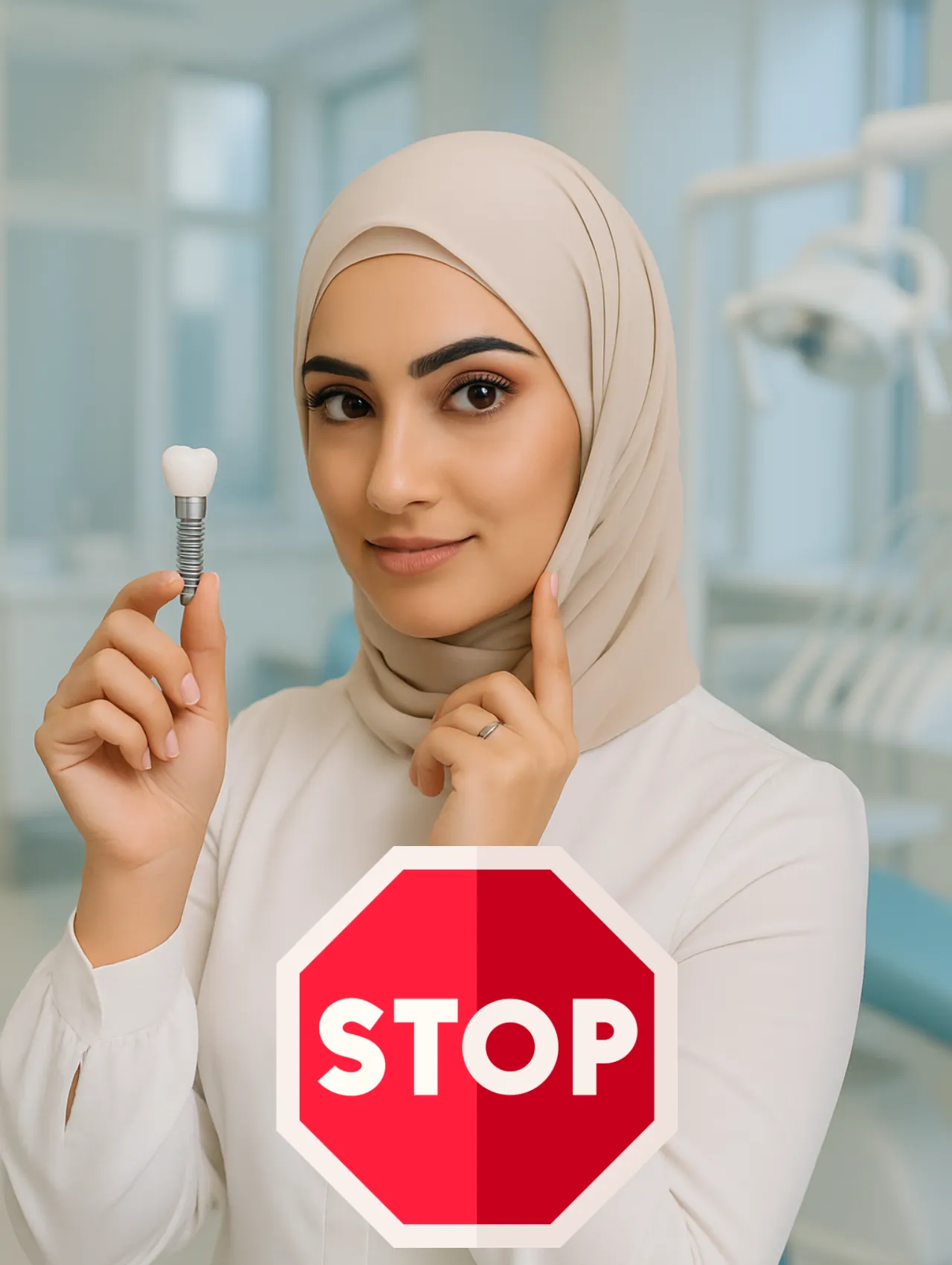 دشمن ایمپلنت دندان - تصویر زنی با حجاب در کلینیک دندانپزشکی که ایمپلنت دندان را در دست دارد