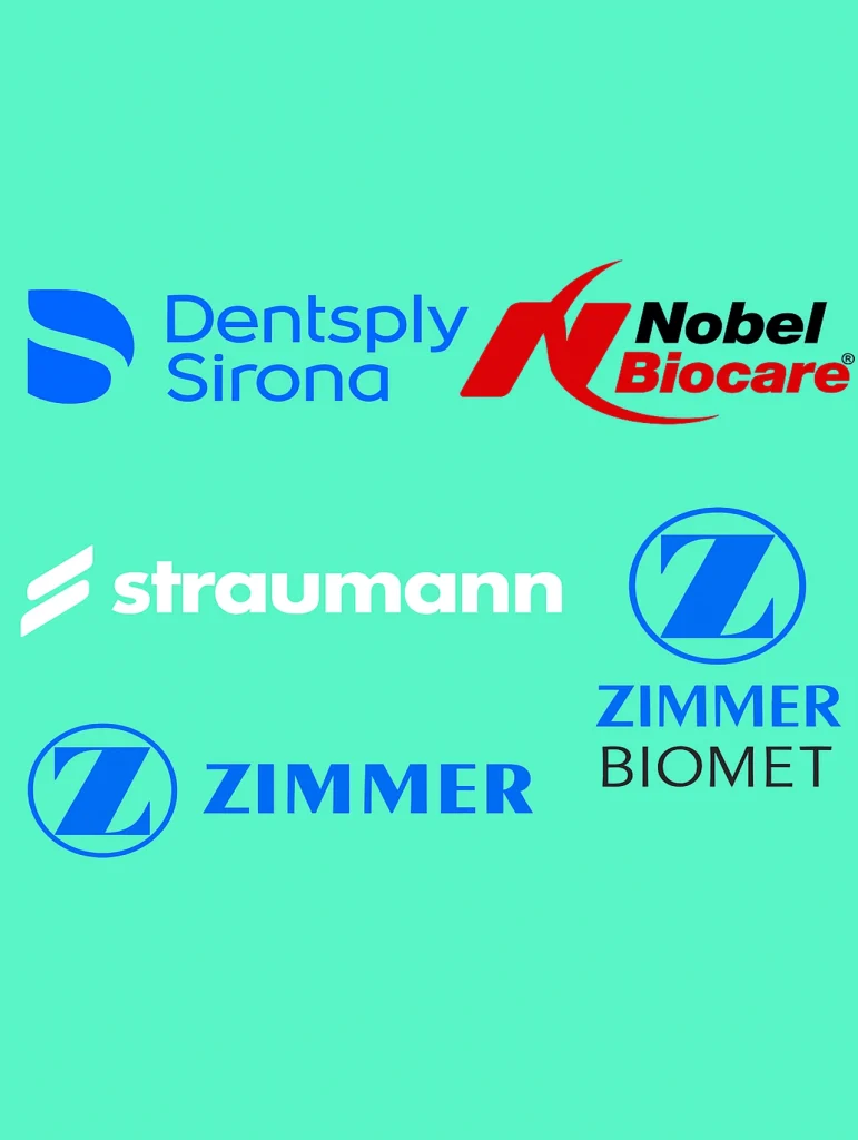 لوگوهای بهترین برند ایمپلنت دندان شامل Dentsply Sirona، Nobel Biocare، Straumann و Zimmer Biomet