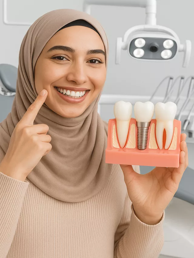 ایمپلنت دندان زن ایرانی با حجاب در کلینیک دندانپزشکی در حال نمایش مدل ایمپلنت دندان
