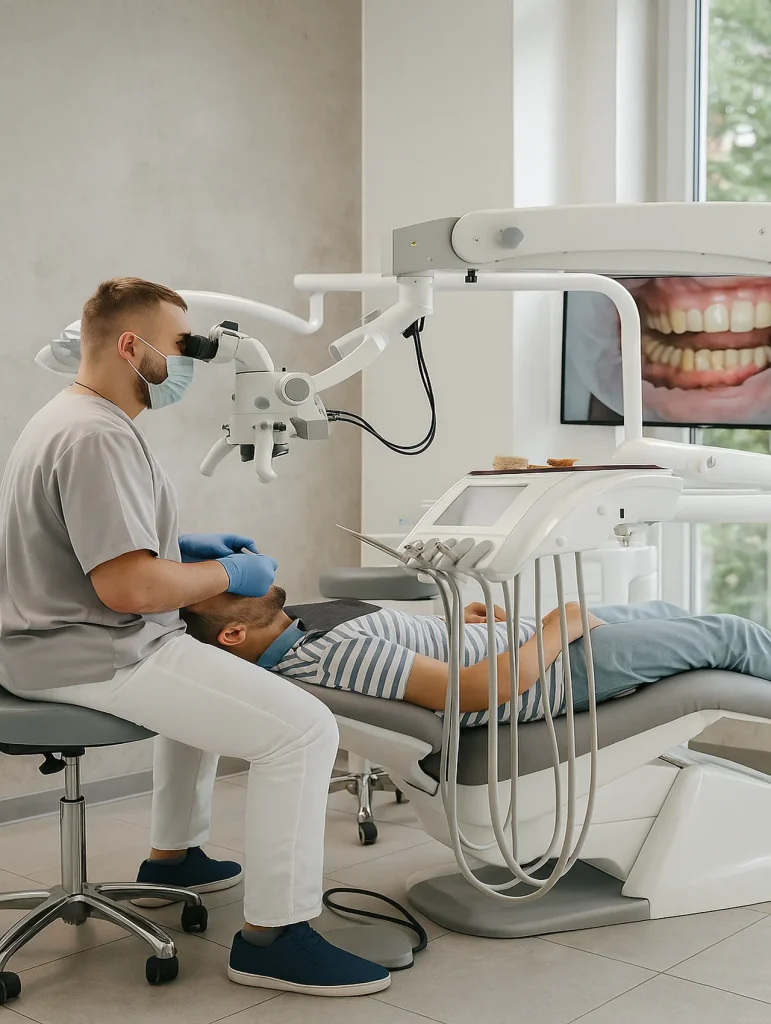 ایمپلنت دندان مدرن کلینیک دکتر فرزانه فرخ نژاد تصویر یک کلینیک دندانپزشکی مدرن با دندانپزشک در حال درمان بیمار با میکروسکوپ تخصصی