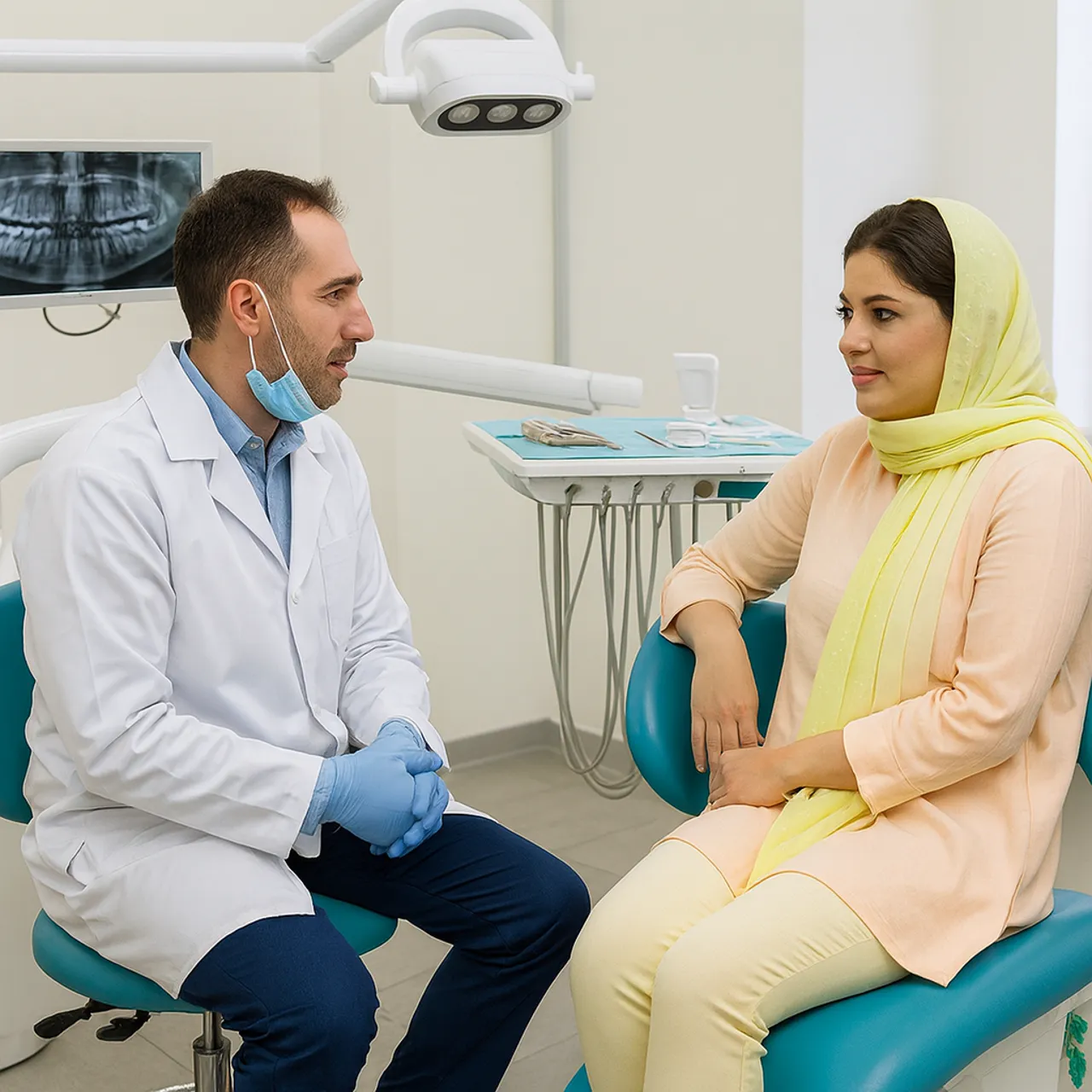 دندانپزشک مرد در حال انجام معاینه فوری دندانپزشکی بدون معطلی برای بیمار در کلینیک مدرن