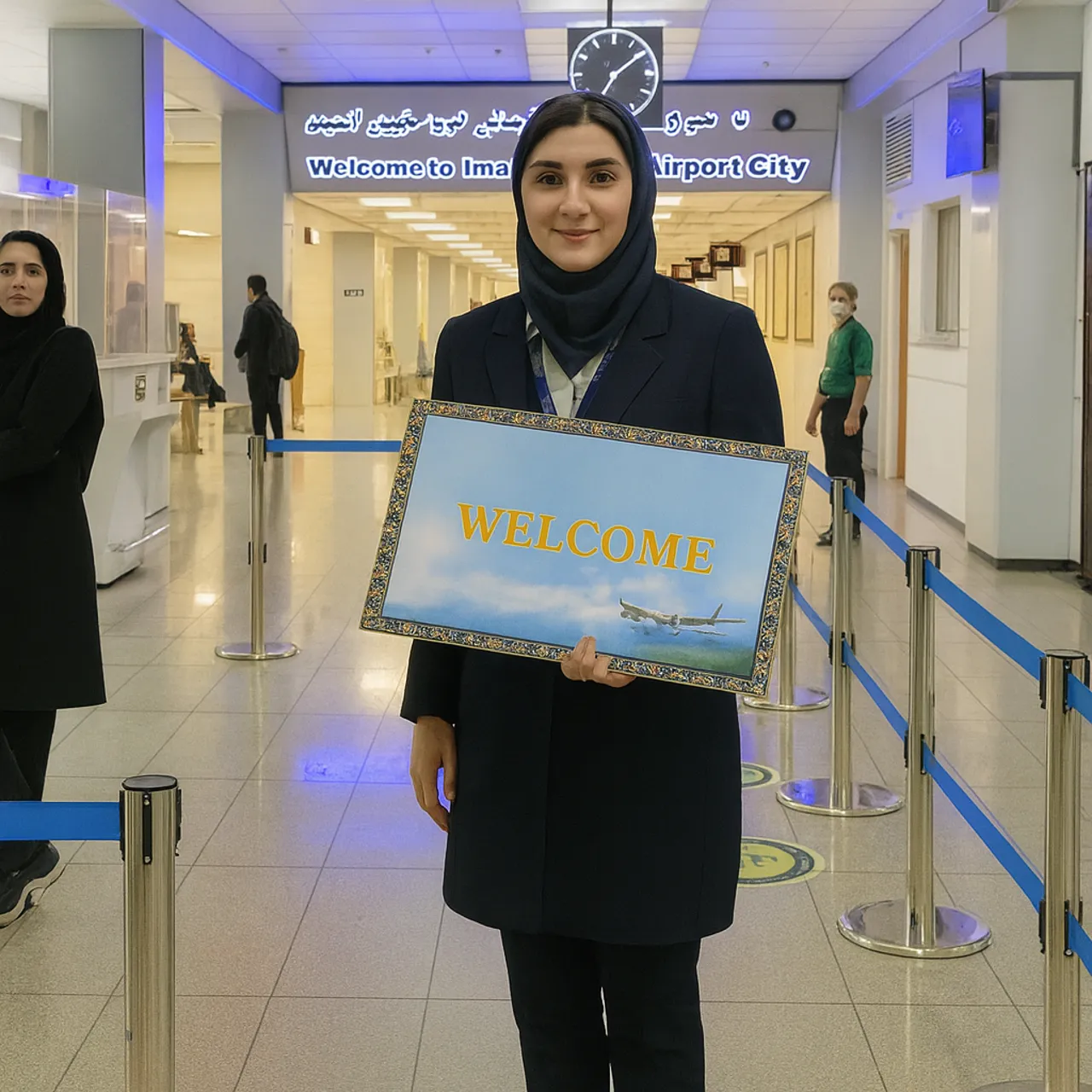 خانم خوش‌پوش در فرودگاه در حال پیشواز مسافر فرودگاهی برای توریست دندانپزشکی با تابلوی خوش‌آمدگویی